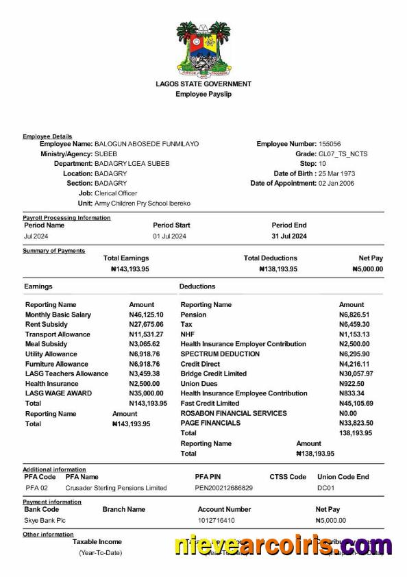 Lagos State Government employee payslip version 2